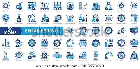 Engineering icon collection set. Containing scientific principles, design, structural, bridges, tunnels, roads, buildings icon. Simple flat vector.