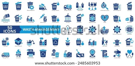 Waste management icon collection set. Containing disposal, landfill, garbage collection, transport, plastic, sorting, contamination icon. Simple flat vector.