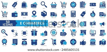 Ecommerce icon collection set. Containing shopping cart, sale tag, bag, credit cards, search, basket, quality icon. Simple flat vector.