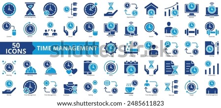 Time management icon collection set. Containing clock, sand, money, task list, target, hand, house icon. Simple flat vector.