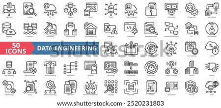 Data Engineering icon collection set. Containing algorithm, analytic, api, big data, binary, cluster, cloud computing, and compression icon. Simple line vector illustration.