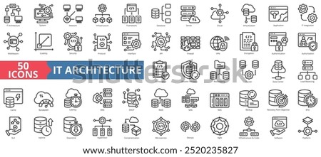 IT architecture icon collection set. Containing system, network, infrastructure, framework, database, server, cloud, virtualization, icon. Simple line vector illustration.