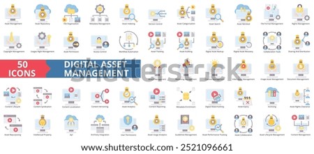 Digital asset management icon collection set. Containing repository, cloud file ,database ,indexing, version control, cms, content icon. Simple flat color vector illustration.