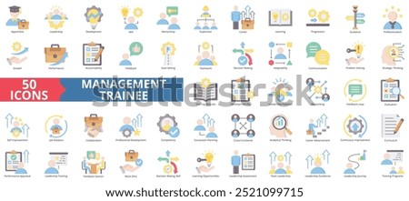 Management trainee icon collection set. Containing apprentice, leadership, development, skill, mentorship, supervisor, career icon. Simple flat color illustration.