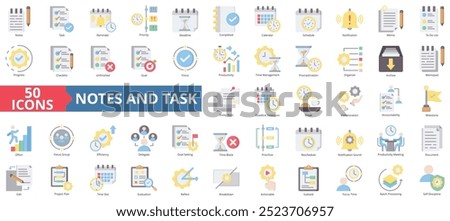 Notes and task icon collection set. Containing reminder, priority, deadline, completed, calendar, schedule, notification icon. Simple flat color illustration.