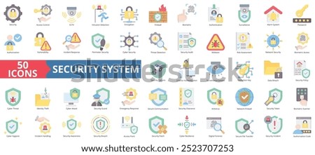 Security system icon collection set. Containing access control, cctv, intrusion detection, encryption, firewall, biometric, authentication icon. Simple flat color illustration.