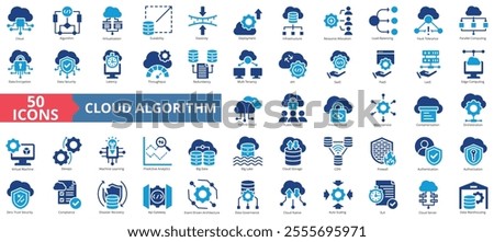 Cloud algorithm icon collection set. Containing edge computing, virtualization, scalability, elasticity, deployment icon. Simple flat vector.