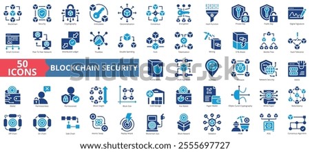 Blockchain security icon collection set. Containing cryptography, immutable, decentralization, consensus, encryption, and hash function icon. Simple flat vector illustration.