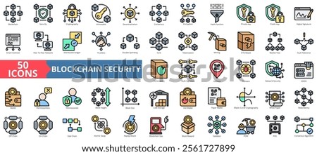 Blockchain security icon collection set. Containing cryptography, immutable, decentralization, consensus, encryption, and hash function icon. Simple flat outline vector illustration