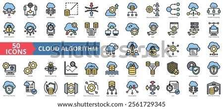 Cloud algorithm icon collection set. Containing edge computing, virtualization, scalability, elasticity, deployment icon. Simple flat outline vector illustration