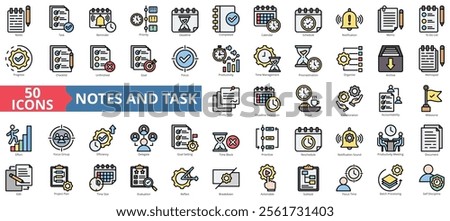 Notes and task icon collection set. Containing reminder, priority, deadline, completed, calendar, schedule, notification icon. Simple flat outline vector illustration