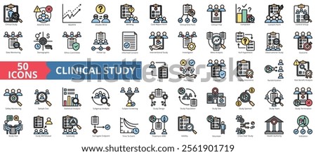 Clinical study icon collection set. Containing adverse event, baseline, double blind, blinding, case report form, endpoint, clinical trial icon. Simple flat outline vector illustration