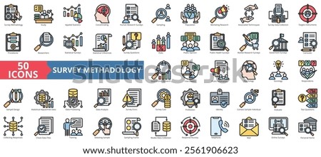 Survey methodology icon collection set. Containing study, data collection, statistics, information, question, research, analysis icon. Simple flat outline vector illustration