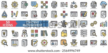 Content management icon collection set. Containing comment, discussion, writing, diagram, creator, online writing, cloud icon. Simple flat outline vector illustration