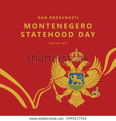 Montenegro statehood day vector illustration with long flag and its vectorized coat of arms. 
