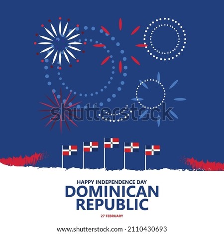 Dominican Republic independence day vector illustration with national flag and fireworks. Caribbean country public holiday greeting card. Suitable for social media post.