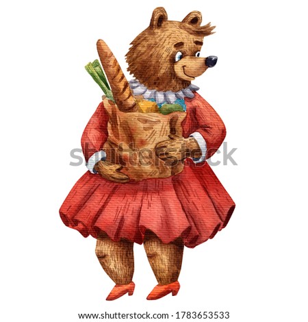 Watercolor illustration of cute lady bear. Funny cartoon character. Bear with purchased products. Mom bear. Cute family portrait. Mother goes home. Happy family. Lady in red dress. Paper bag.
