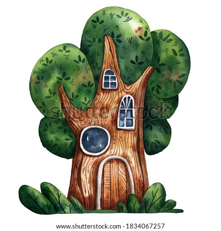 Watercolor fairy tale house. Big tree house. Fantasy forest gnome cottage. Cute windows and door. Funny estate design. Fairy tale tree home. Hand drawn style of illustration. Big fairy tale oak.