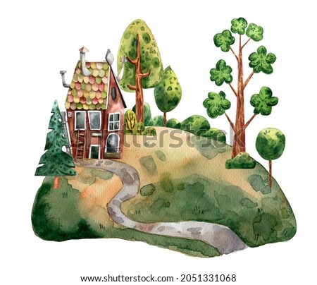Watercolor fairy tale illustration. Little cute house at the forest. Fantasy scene. Forest adventure. Fairy tale landscape. Children book art. Cartoon style of art. Hand drawn fairy tale card.