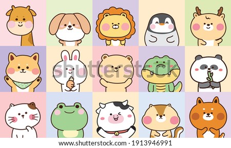 Collection of cute animals hand drawn on pastel color background.Cartoon character design set.Rabbit,bear,dog,penguin,frog,fox,giraffe,cat,shiba inu,lion,cow doodle.Kid graphic.Vector.Illustration.