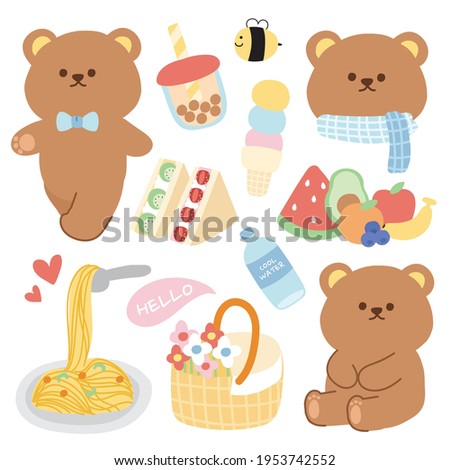 Pastel concept.Cute bear with breakfast picnic cartoon.Animals character design.Bubble milk tea,fruits,sandwich,water,bee.Kid graphic design.Art.Image.Sticker.Isolated.Kawaii.Vector.Illustration.