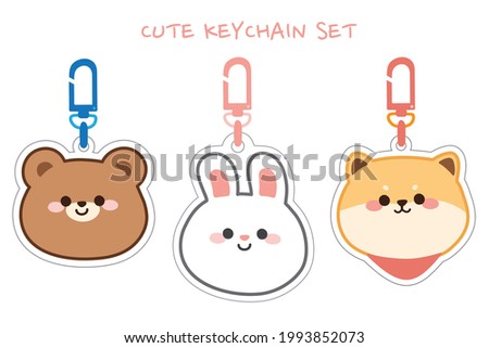 Set of cute animal face shape keychain on white background.Cartoon character design collection.Kid graphic.Art.Bear,rabbit,shiba inu dog.Kawaii.Vector.Illustration.Illustrator. 商業照片 © 