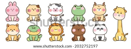 Zoo collection.Set of cute animals cartoon character design.Dog,cat,rabbit,bear,lion,deer,frog,cow,crocodile,giraffe hand drawn.Image.Art.Kid graphic.Isolated.Sticker.Collection.Vector.Illustration.