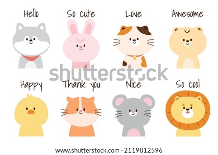 Set of cute animals with text on white background.Lion,mouse,hamster,chicken,bear,cat,rabbit,syberia dog cartoon.Kawaii.Kid graphic.Isolated.Vector.Illustration.