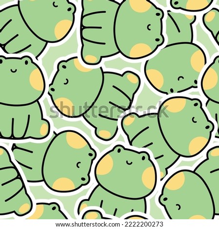 Seamless pattern of cute smile face frog sit sticker background.Animal character cartoon design.Image for card,poster,baby clothing.Kawaii.Vector.Illustration.