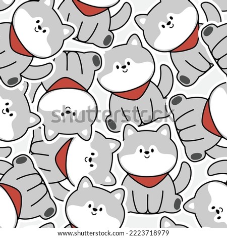 Seamless pattern of cute syberia sit dog background.Pet animal character cartoon design.Kid graphic design hand drawn.Kawaii.Vector.Illustration.