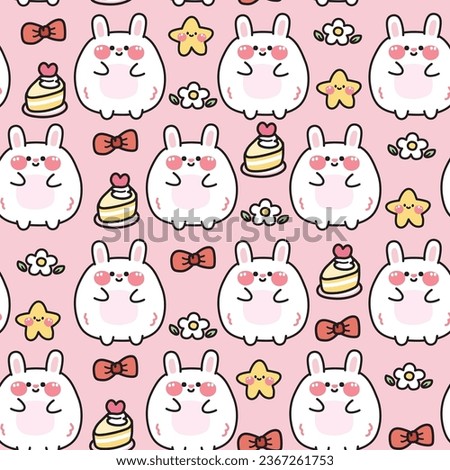 Seamless pattern of cute fat rabbit with icon background.Chubby rodents animal character cartoon design.Baby clothing.Bow,cake,flower,star.Bunny.Kawaii.Vector.Illustration.