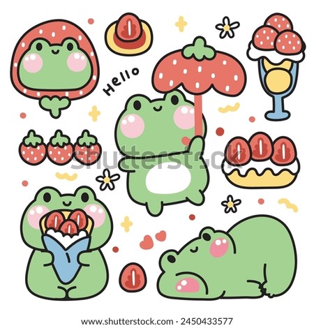 Set of cute frog various poses in strawberry bakery concept.Reptile animal character cartoon design.Bread,ice cream,dessert,sweet,fruit hand drawn collection.Kid graphic.Kawaii.Vector.Illustration.