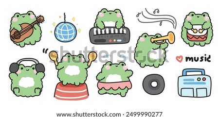 Set of cute frog in music concept.Dance.Melody.Note.Guitar,disco ball,radio,CD,drum,trumpet.Reptile animal character cartoon design.Kawaii.Vector.Illustration.