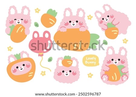 Set of cute bunny rabbit in various poses.Face and head.Easter.Spring.Vegetables.Carrot,balloon,flower,leaf hand drawn.Rodent animal character cartoon design.Kawaii.Vector.Illustration.