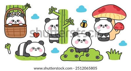 Set of cute various poses panda bear in jungle.Nature.Wildlife.Bamboo,bee,flower,cloud,mushroom hand drawn.Chinese animal character cartoon design.Baby graphic.Kawaii.Vector.Illustration.