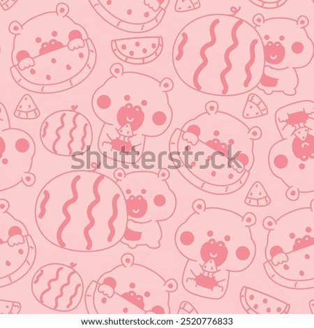 Seamless pattern of cute hippopotamus in various poses with watermelon fruit line hand drawn background.Wild mammals animal character cartoon design.Kawaii.Vector.Illustration.