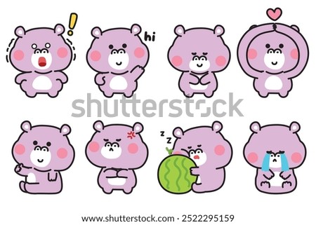 Set of cute pygmy hippopotamus in various feeling and poses.Emotional.Mammals animal character cartoon design.Image for card,sticker,decorated,baby product.Kawaii.Vector.Illustration.