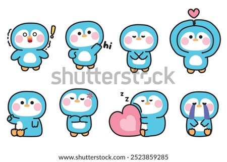 Set of cute penguin in various feeling and poses.Emotional.Bird animal character cartoon design.Image for card,sticker,decorated,baby product.Kawaii.Vector.Illustration.