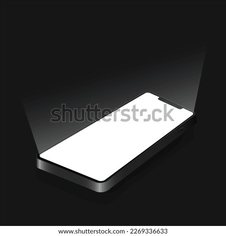 Glowing smartphone with blank screen on black desktop. Front view. Dark banner with a smartphone in black color. 3D mobile phone. Vector illustration isolated on black background. EPS 10