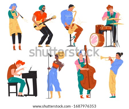 Vector illustration of jazz music band. Man, woman, guitarist, saxophonist, drummer, african singer, trumpeters, keyboard and double bass player. Flat cartoon character musicians playing together set