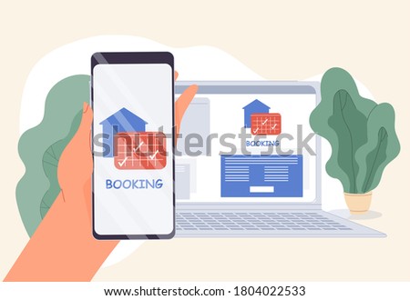 Mobile phone booking application online computer service technology for housing apartment, transport rent. Hotel hostel, car, airplane ticket order, detailed rese searching. Human hand hold smartphone