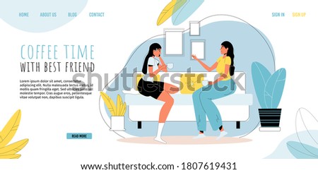 Casual woman help-mate character spending time together in nice conversation at home living room. Friendship, people communication. Coffee time between best friend. Daily life. Landing page design