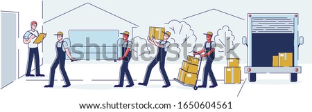 Relocation, Professional Delivery Company Loader Service and Moving to New House Concept. Workers Carry Cardboard Boxes and Furniture Using Trolley and Truck. Cartoon Vector Illustration, Line Art
