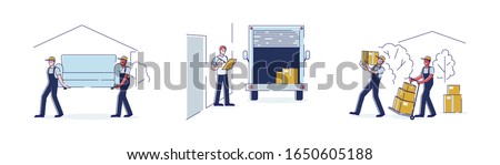 Relocation and Moving to New House Set with Workers Carry Cardboard Boxes and Furniture Using Trolley and Truck. Professional Delivery Company Loader Service. Cartoon Vector Illustration, Line Art
