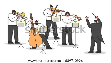 Concept Of Symphony Orchestra. Musicians Are Playing Different Musical Instruments. Musical artists Play Instrumental Symphony Led By Conductor. Cartoon Linear Outline Flat Style Vector Illustration