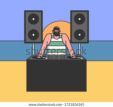 Concept Of Beach Party. Cool Famous DJ Plays Dance Music Outdoors On The Evening Ocean Beach. Professional DJ Booth With Big Powerful Speakers. Cartoon Linear Outline Flat Style. Vector Illustration