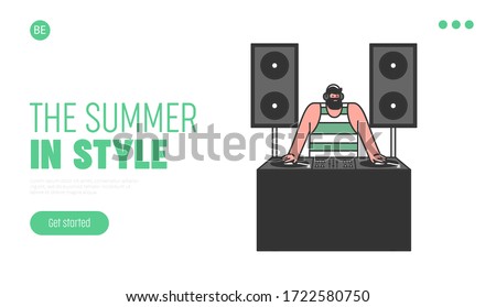 Concept Of Beach Party. Website Landing Page. Cool Famous DJ Plays Dance Music Outdoors. Professional DJ Booth With Big Powerful Speakers. Web Page Cartoon Linear Outline Flat Vector Illustration