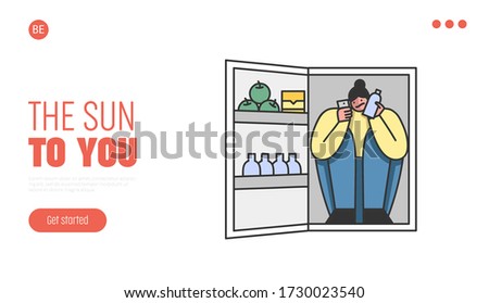 Summer Hot Period Of Time. Website Landing Page. Sweltering In Heat Woman Has Climbed Into Fridge, To Get A Little Bit Cool Of Heat. Web Page Cartoon Linear Outline Flat Style. Vector Illustration