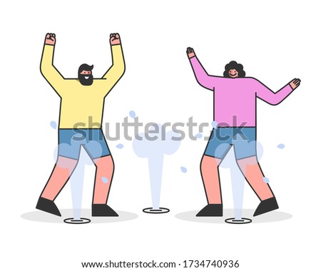 Concept Of Summer Hot Period. Happy People Man And Woman Having Fun, Drenching With Water, Swimming in Fountain To Cool Off In Hot Summer Day. Cartoon Linear Outline Flat Style. Vector Illustration