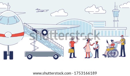 Group of people boarding plane for departure. Cartoon passengers entering airplane holding luggage before travel. Air transportation, flight and trip concept. Linear vector illustration